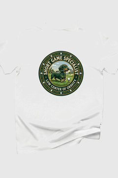Heather gray t-shirt with dachshund golf short game specialist print, unisex crew neck