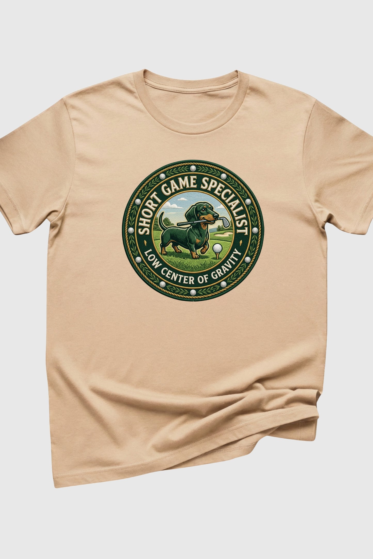 Navy t-shirt with dachshund golf short game specialist print, unisex crew neck