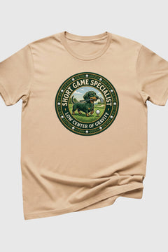 Navy t-shirt with dachshund golf short game specialist print, unisex crew neck