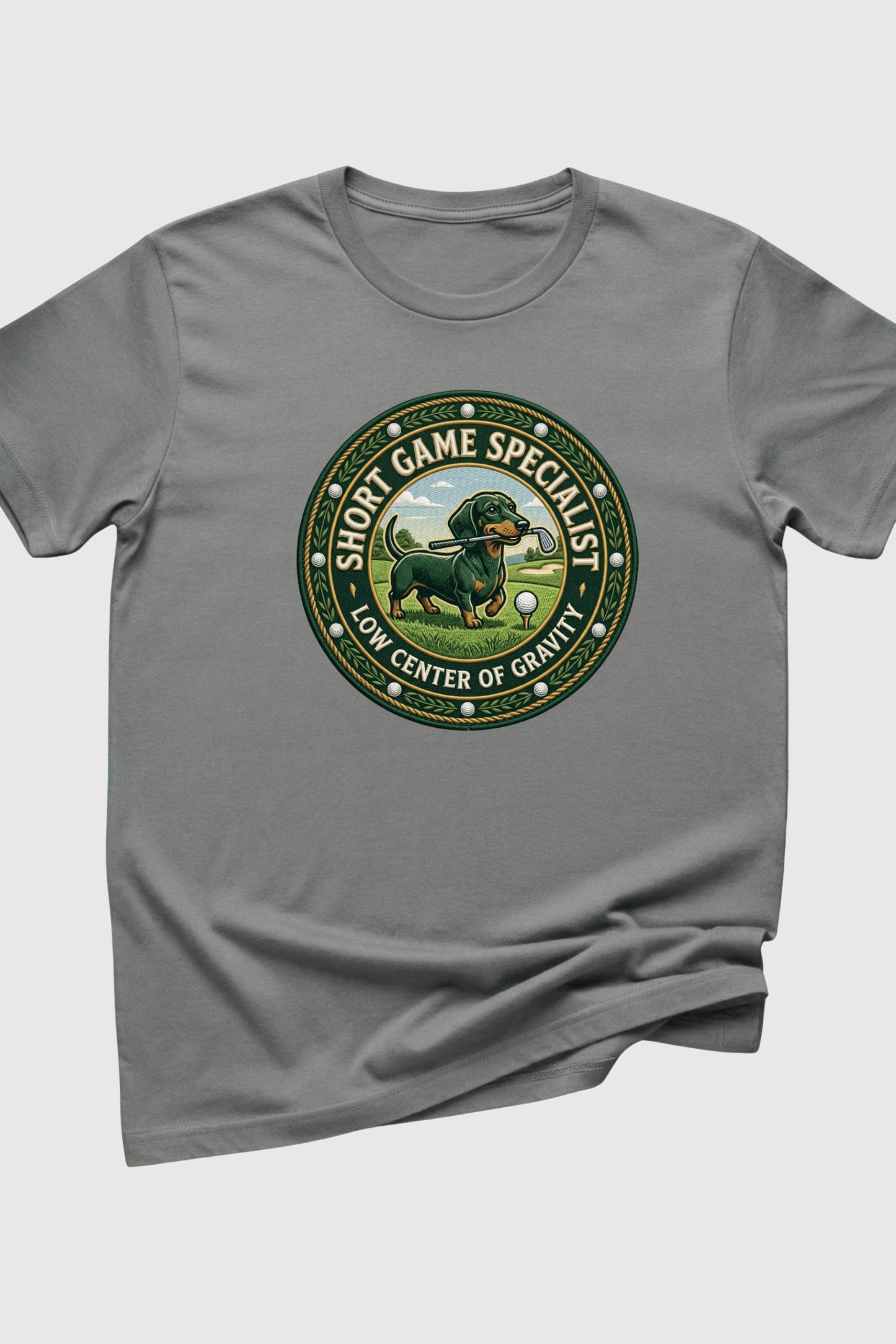 Sand t-shirt with dachshund golf short game specialist print, unisex crew neck