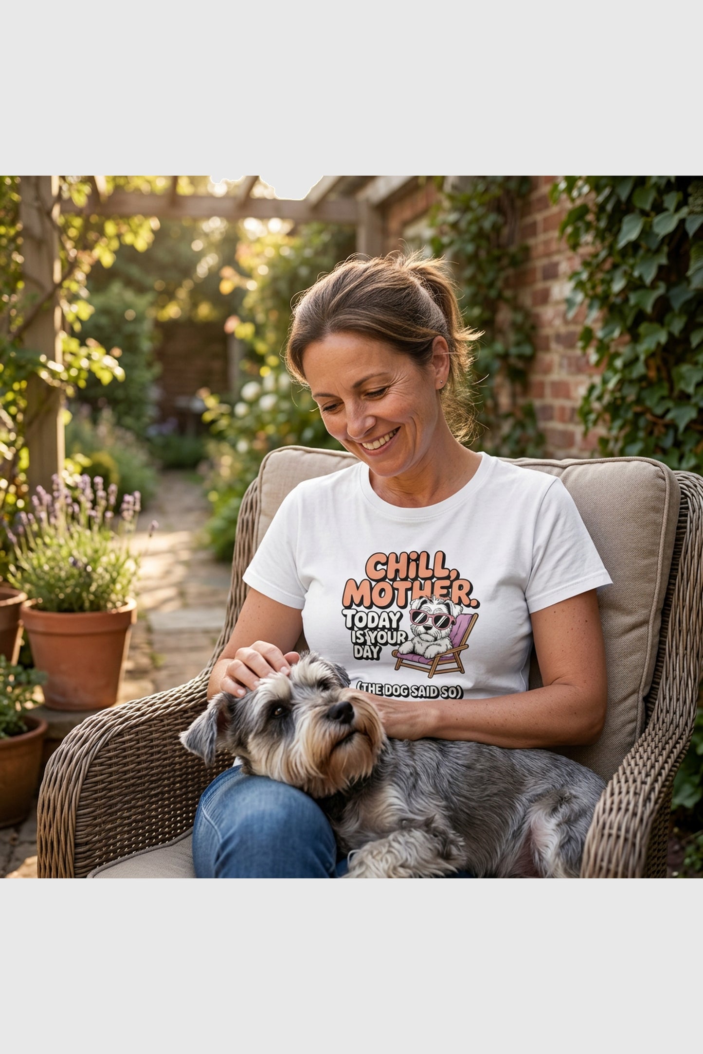 Woman wearing white t-shirt with chill mother funny dog mom print