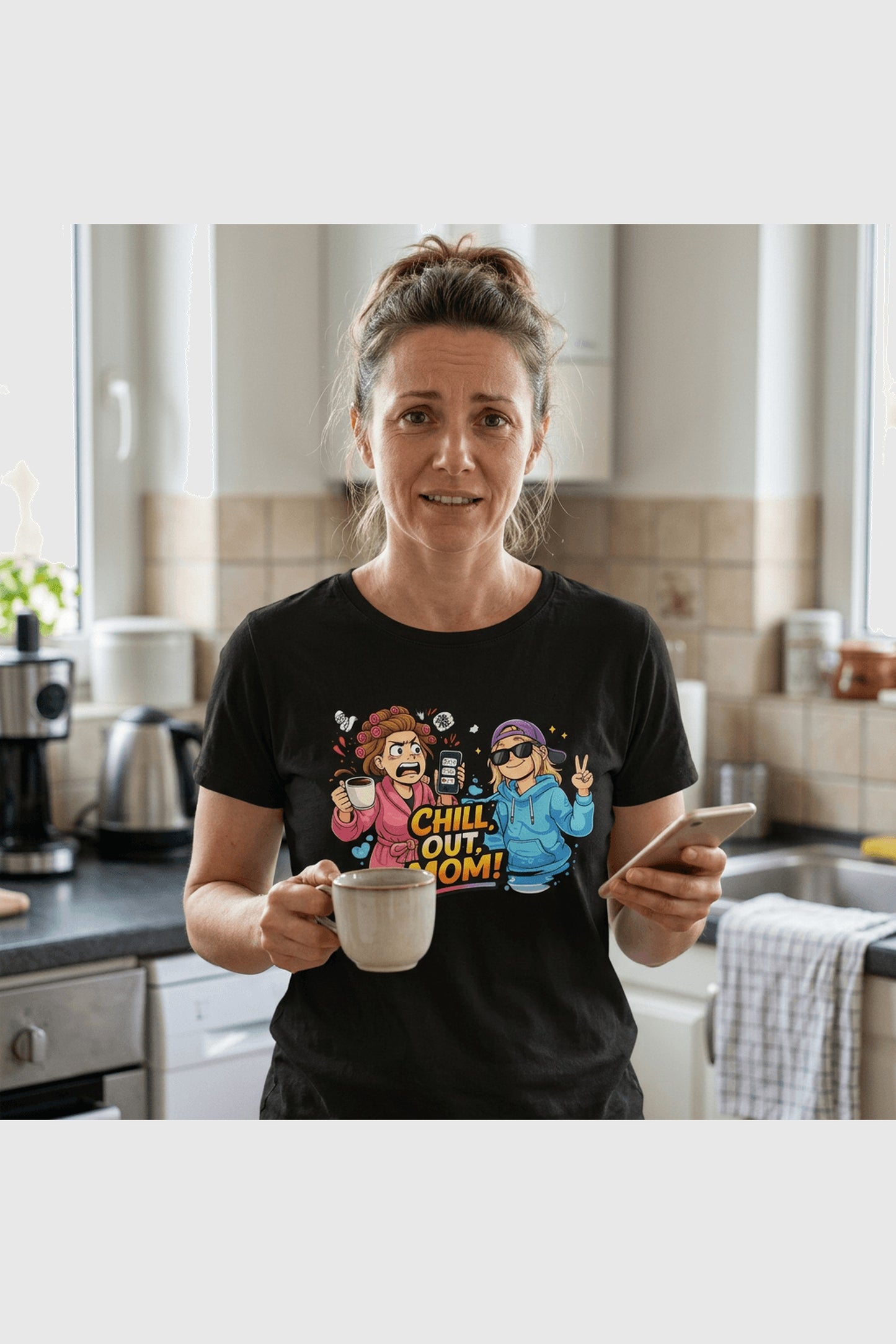 Woman wearing white t-shirt with chill out mom funny dog print
