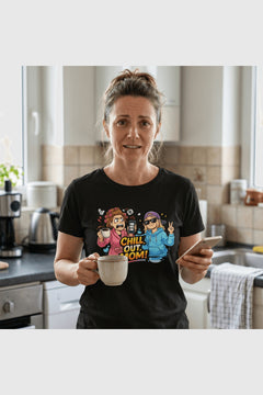 Woman wearing white t-shirt with chill out mom funny dog print