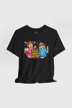 Chill out mom funny dog print close-up on white t-shirt