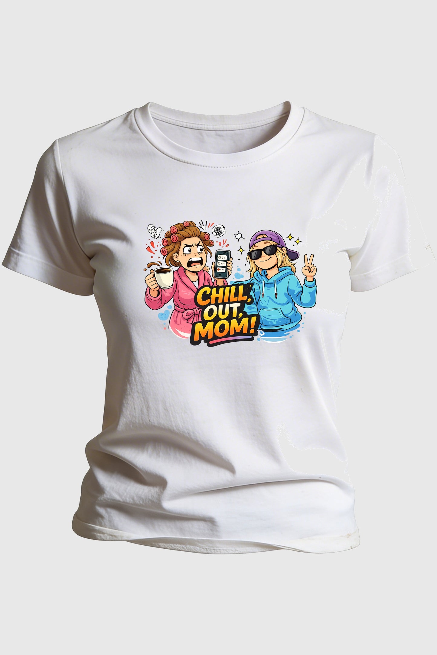 Heather gray t-shirt with chill out mom funny dog print, unisex crew neck