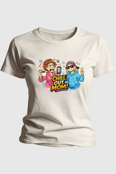 Pink t-shirt with chill out mom funny dog print, unisex crew neck