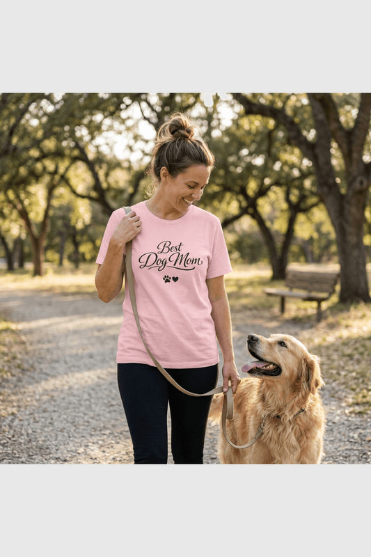 Woman wearing white t-shirt with best dog mom cute gift print