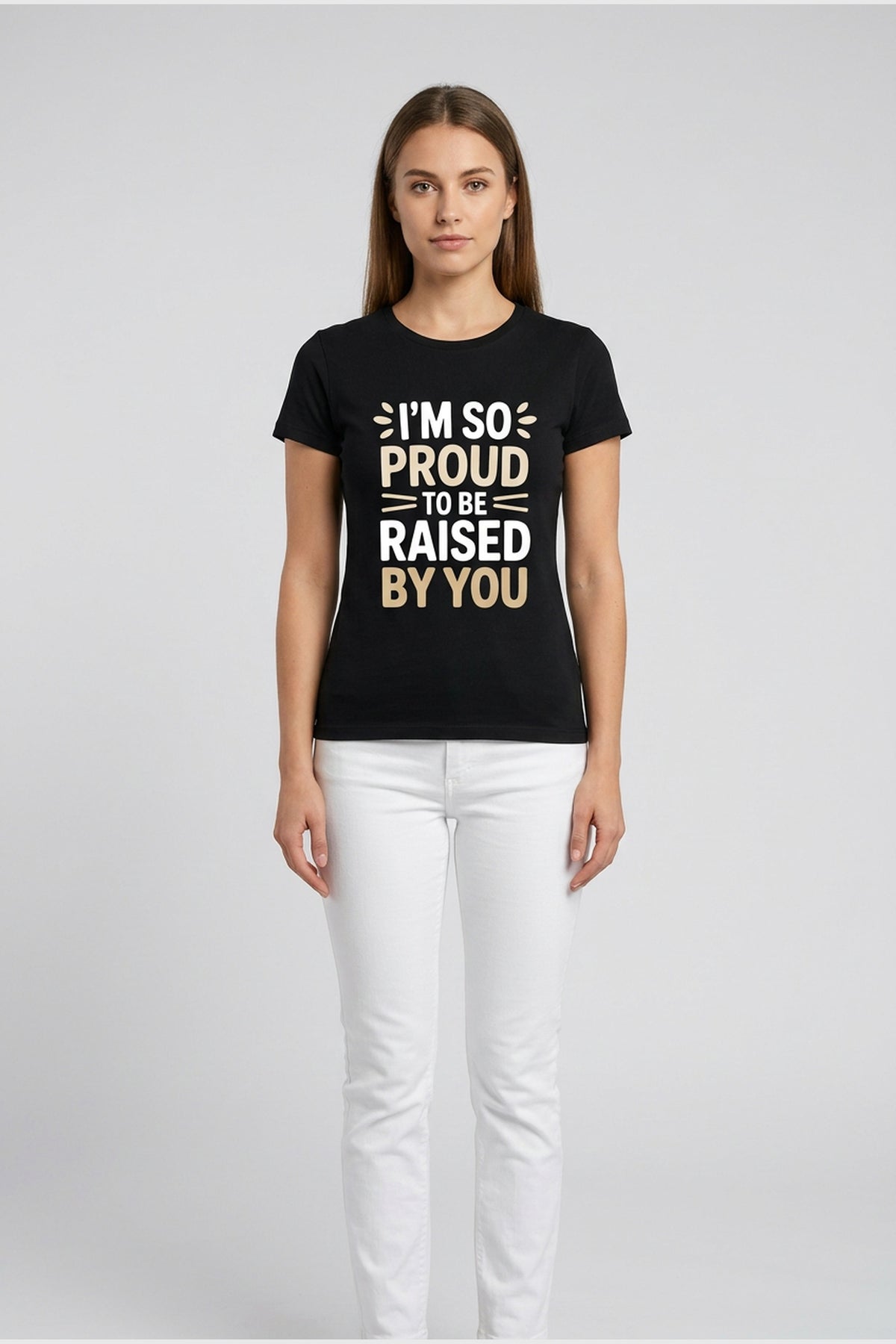 White t-shirt with im so proud funny gift for mom print, unisex crew neck
