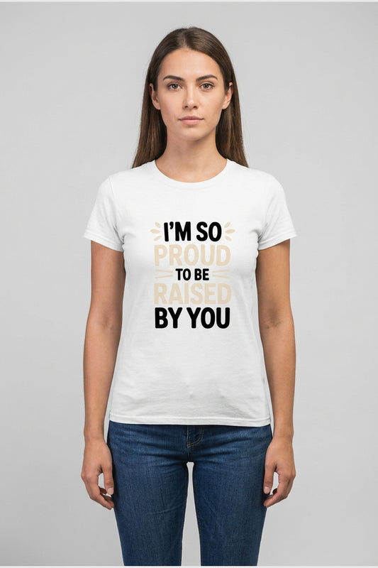 Man wearing white t-shirt with im so proud funny mom print