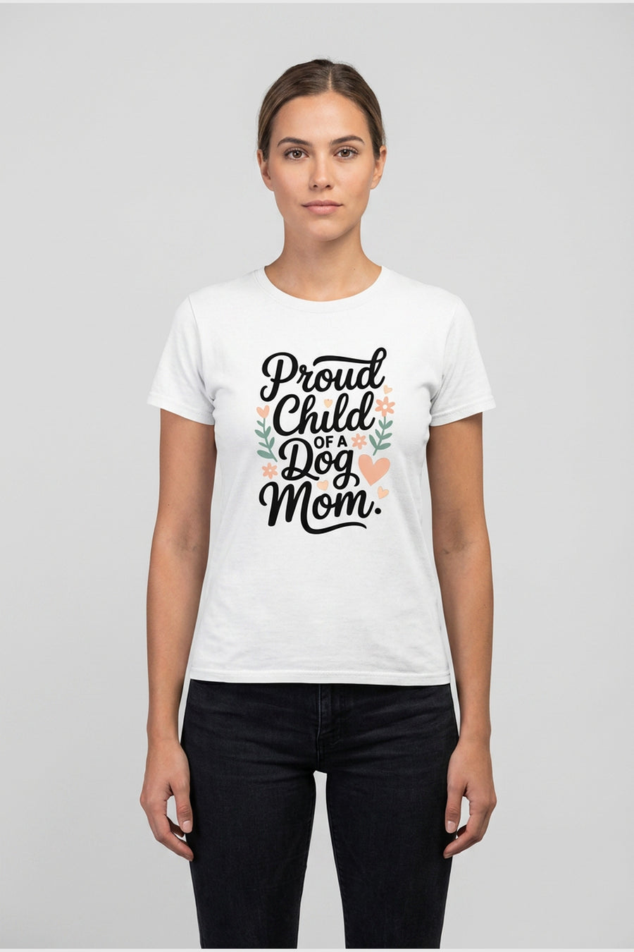 White t-shirt with dog mom proud child print, unisex crew neck