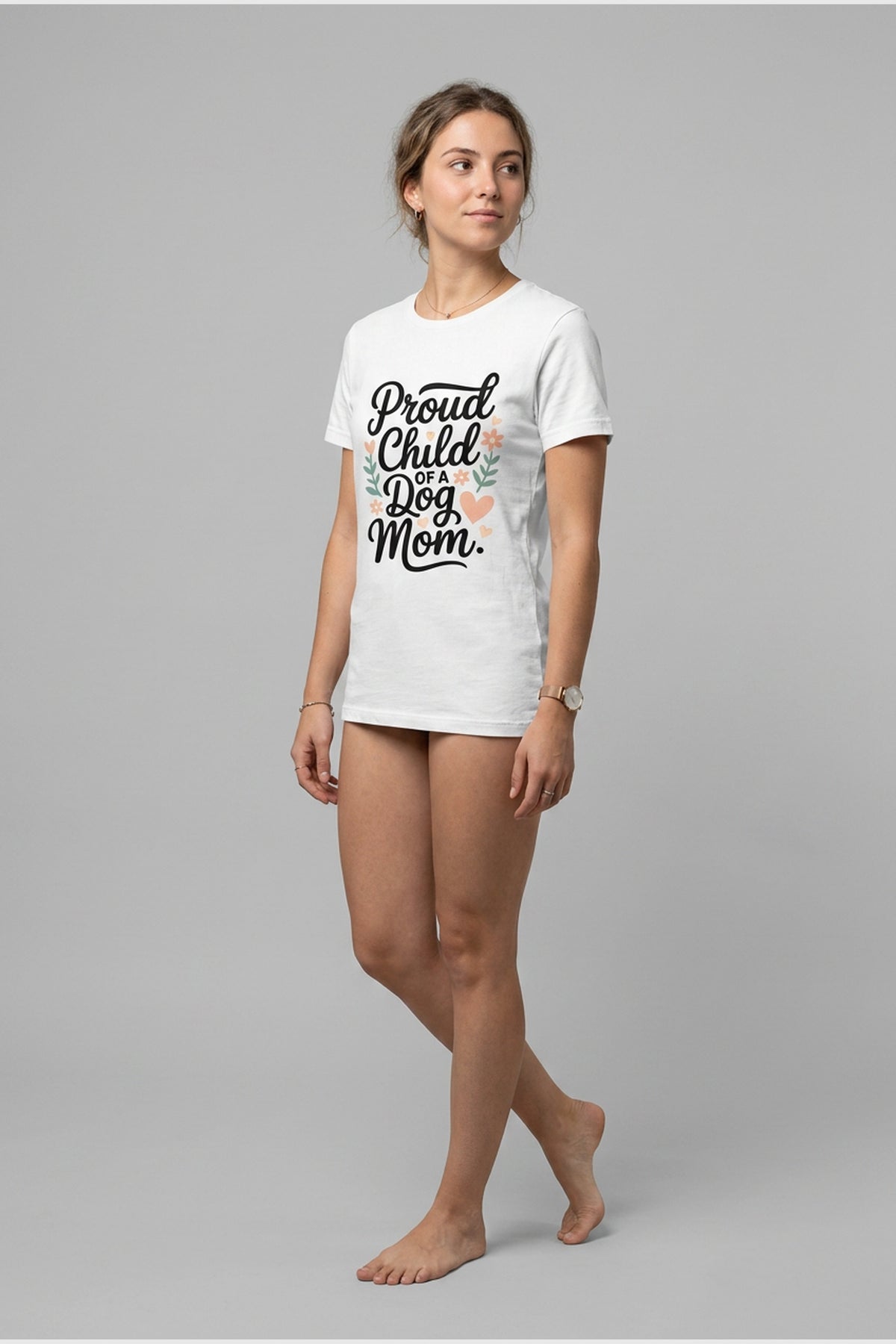 Woman wearing white t-shirt with dog mom proud child print