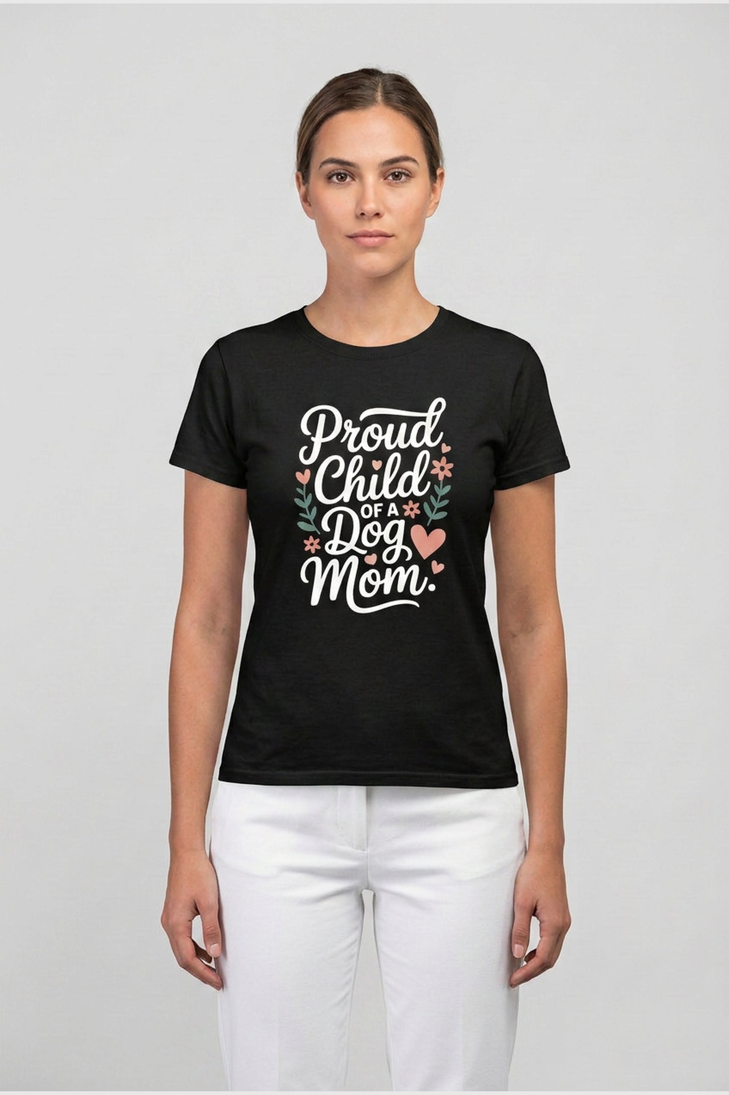 Man wearing white t-shirt with dog mom proud child print