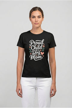 Man wearing white t-shirt with dog mom proud child print