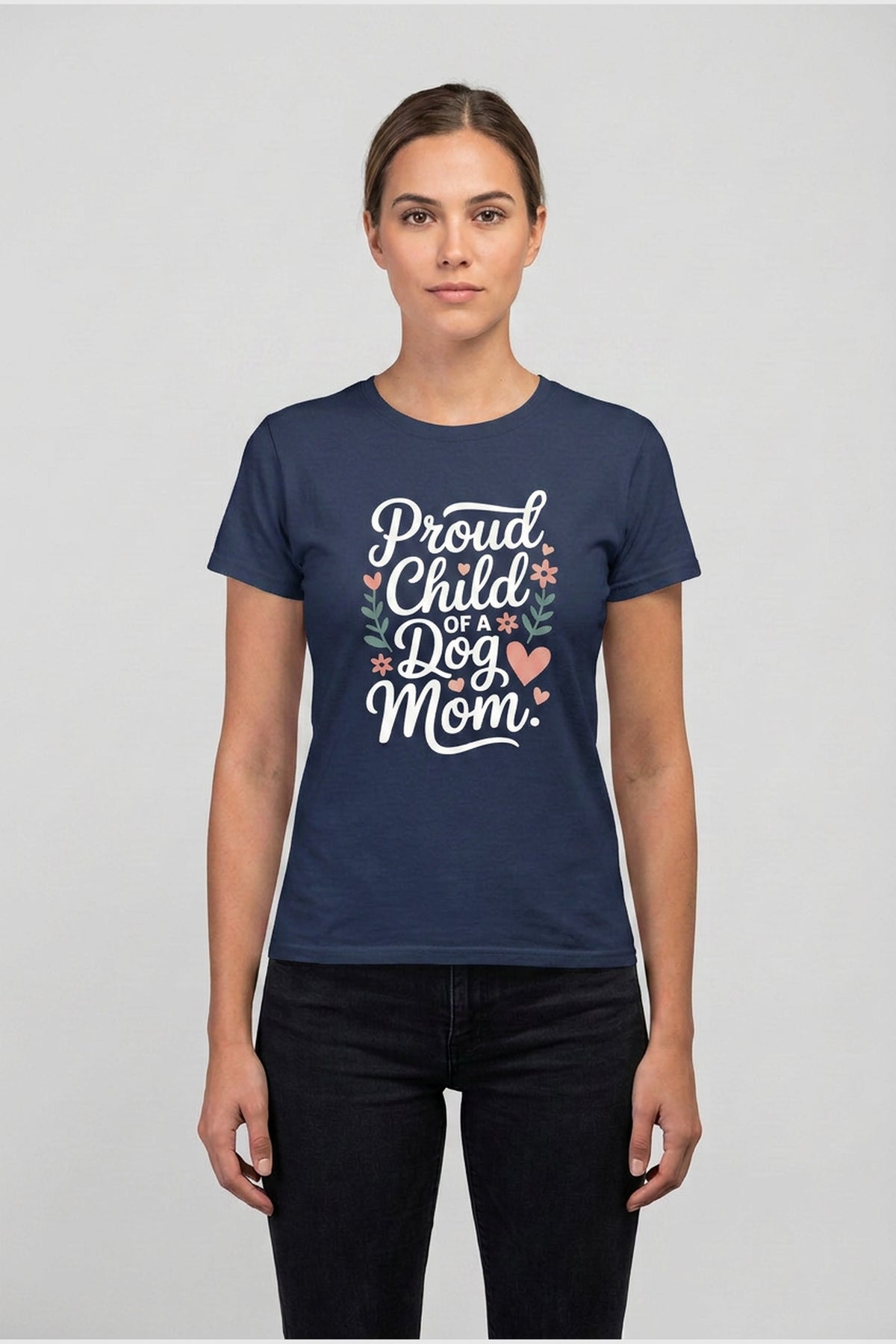 Dog mom proud child print close-up on white t-shirt