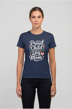 Dog mom proud child print close-up on white t-shirt