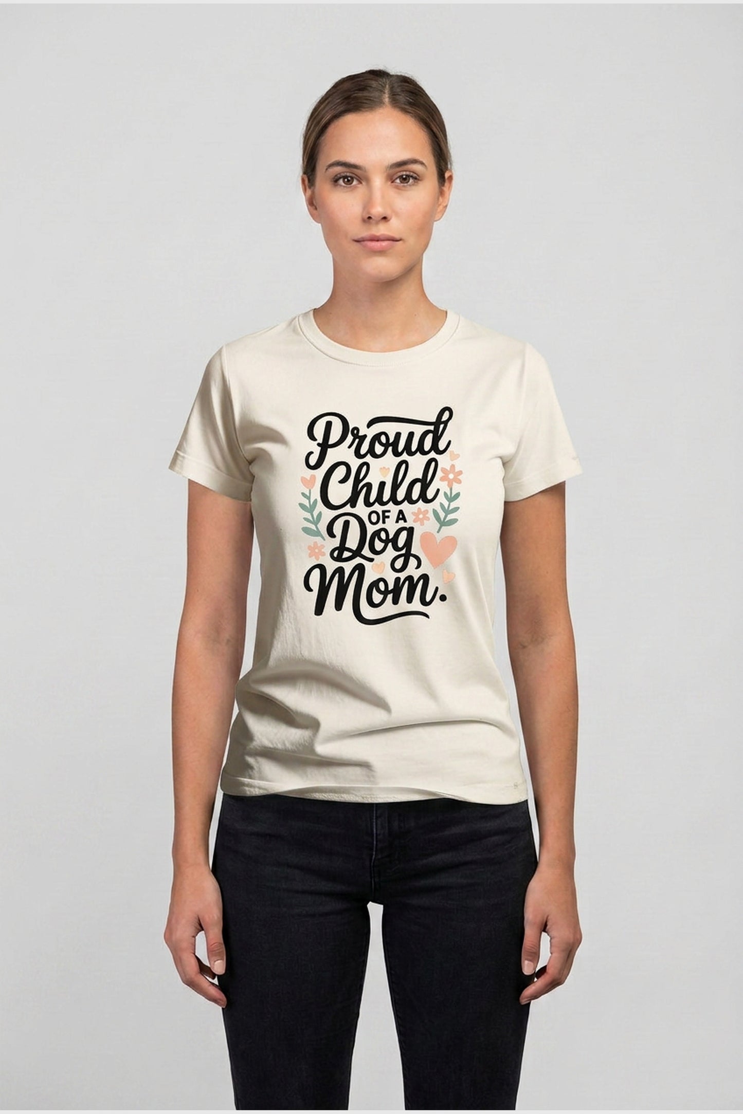 Black t-shirt with dog mom proud child print, unisex crew neck