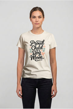 Black t-shirt with dog mom proud child print, unisex crew neck
