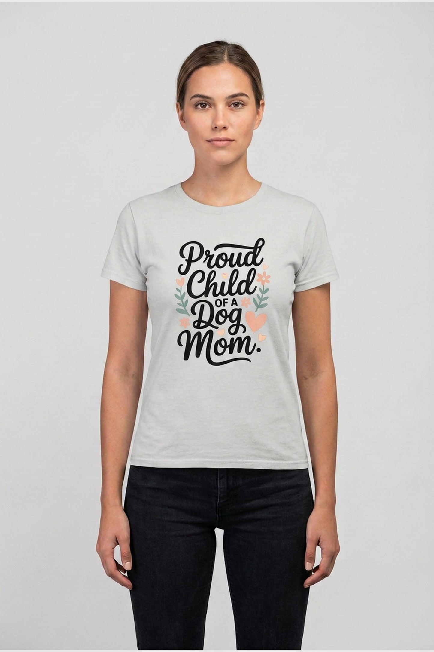 Heather gray t-shirt with dog mom proud child print, unisex crew neck