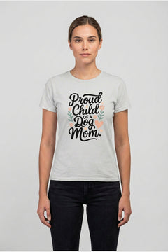 Heather gray t-shirt with dog mom proud child print, unisex crew neck