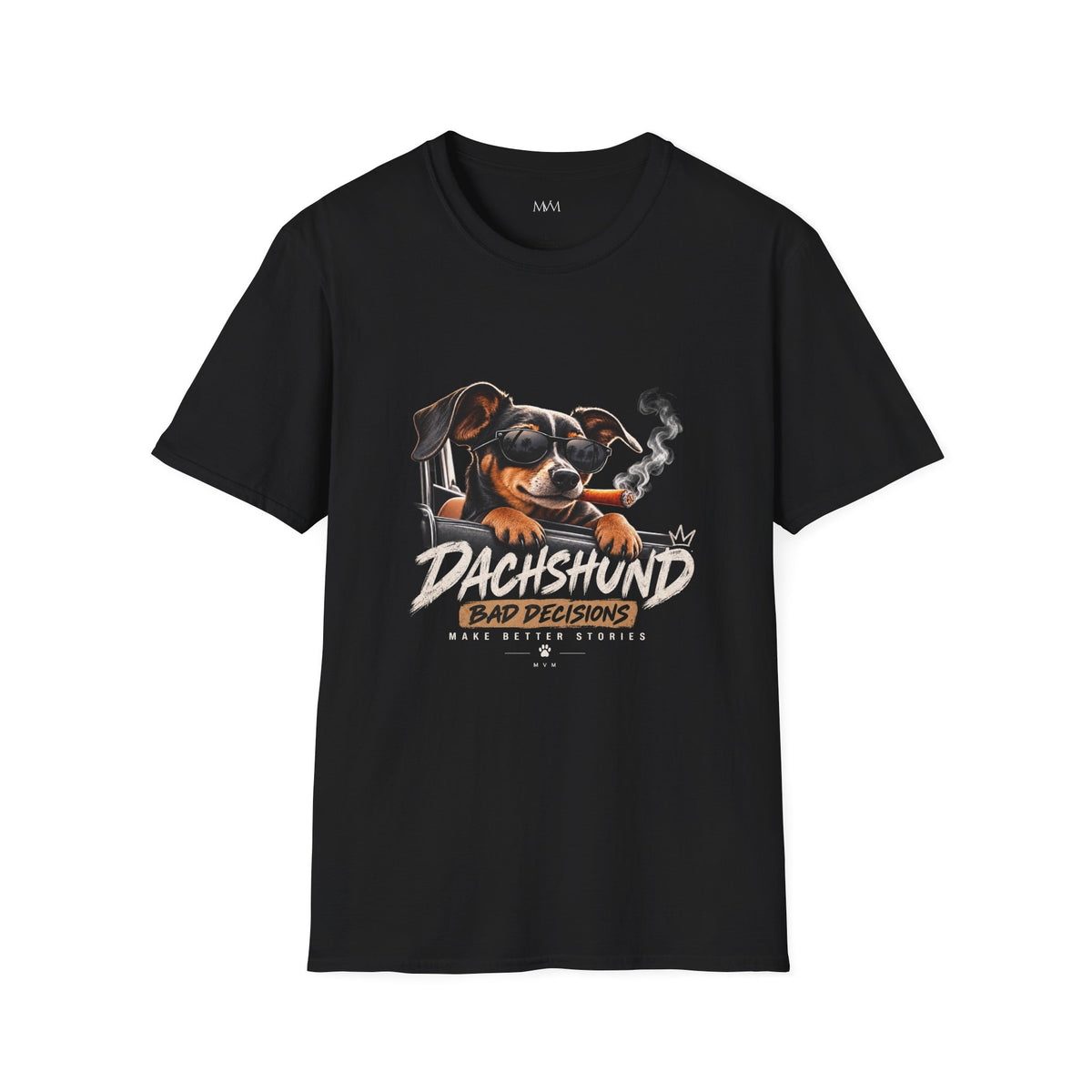Schwarzes Dackel T-Shirt Bad Decisions Make Better Stories, flache Vorderansicht des Drucks