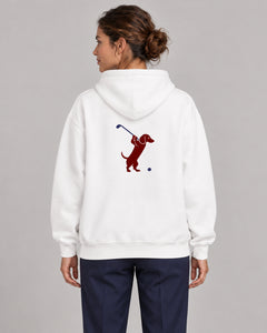 Woman wearing Club & Swing dachshund golf hoodie, back studio view. Color: White