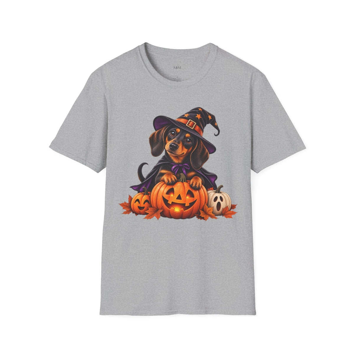 A heather gray short-sleeve crewneck t-shirt featuring a colorful graphic of a dachshund dressed as a witch sitting on jack-o'-lanterns, displayed against a solid white background.