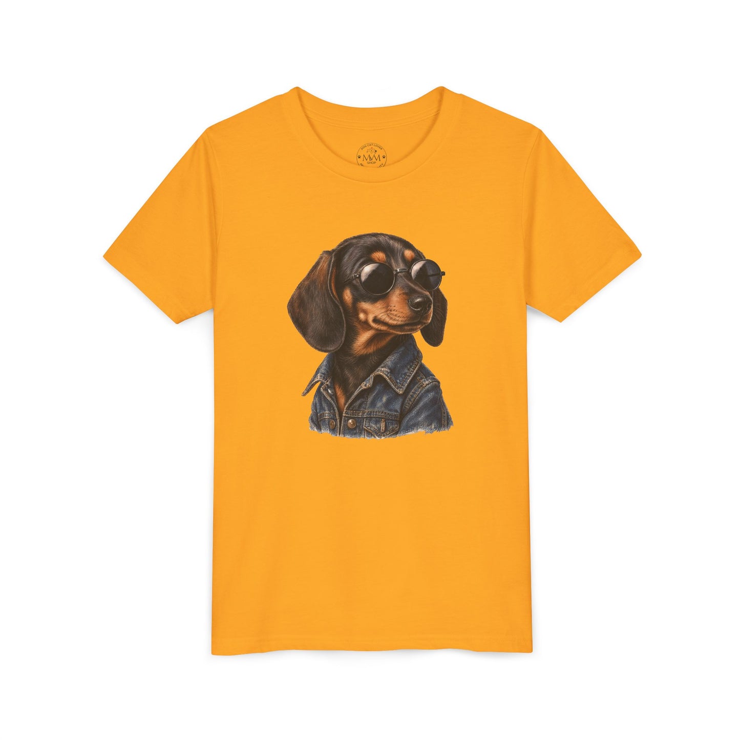 Goldgelbes Dackel Kinder T-Shirt mit Hund in Sonnenbrille und Jeansjacke auf der Brust