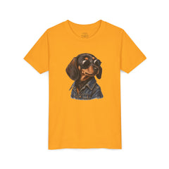 Goldgelbes Dackel Kinder T-Shirt mit Hund in Sonnenbrille und Jeansjacke auf der Brust