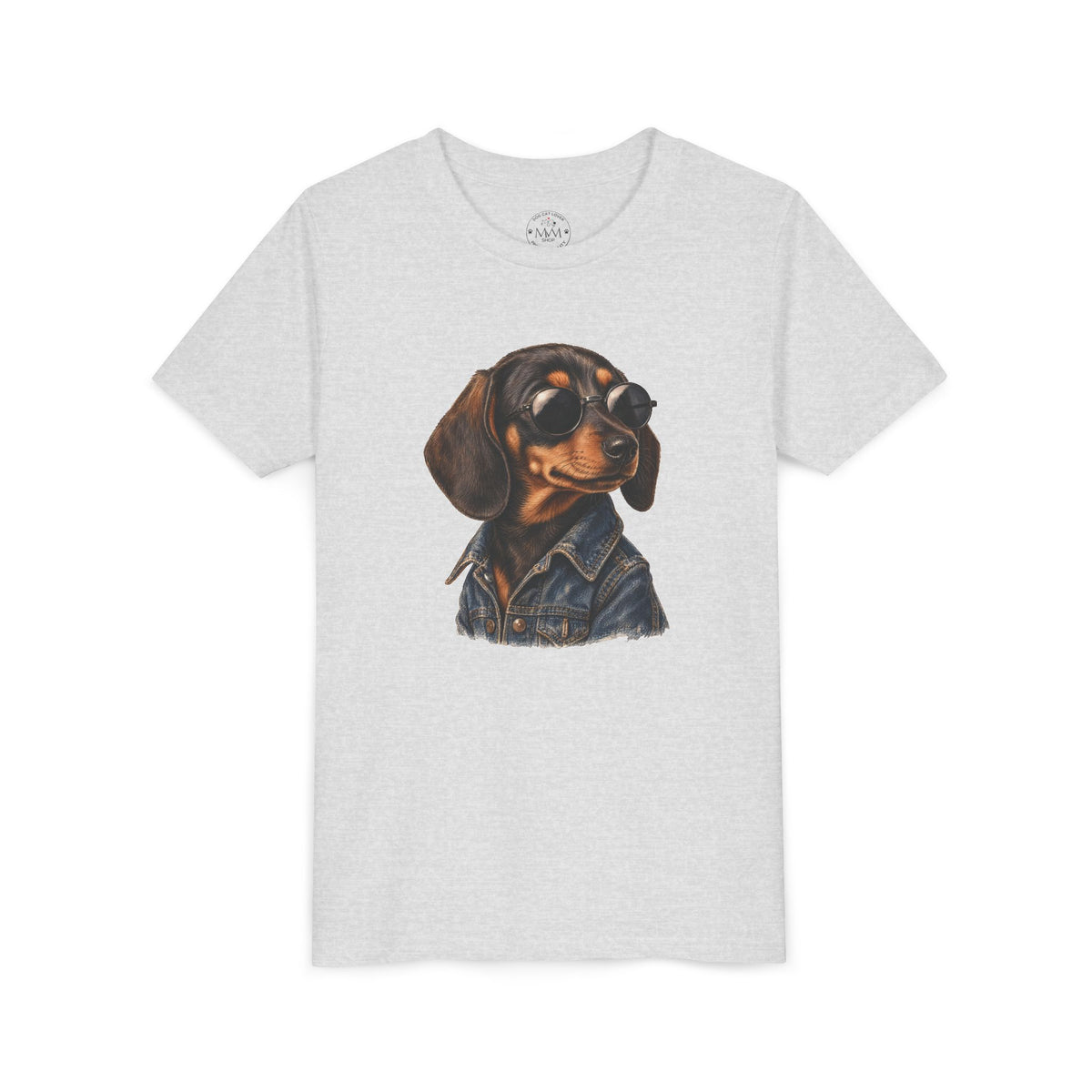 Aschgraues Dackel Kinder T-Shirt mit Hund in Sonnenbrille und Jeansjacke auf der Brust