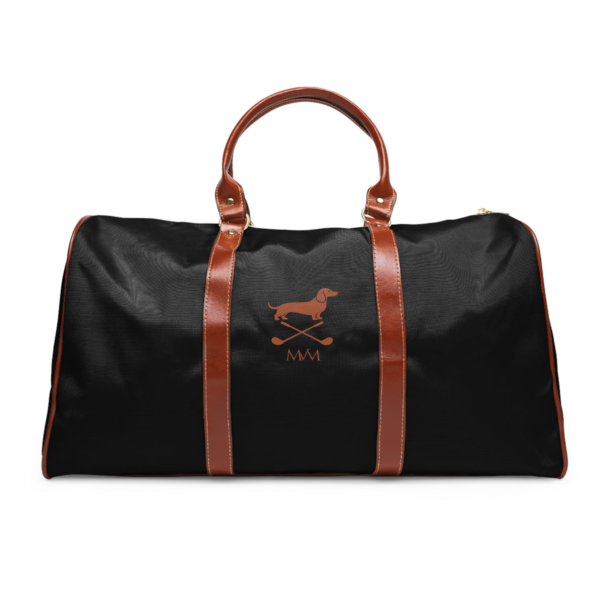 Color: Black. Club Mark golf travel bag in black with a brown Dachshund with crossed golf clubs and MVM monogram on the front, brown PU handles, front view.