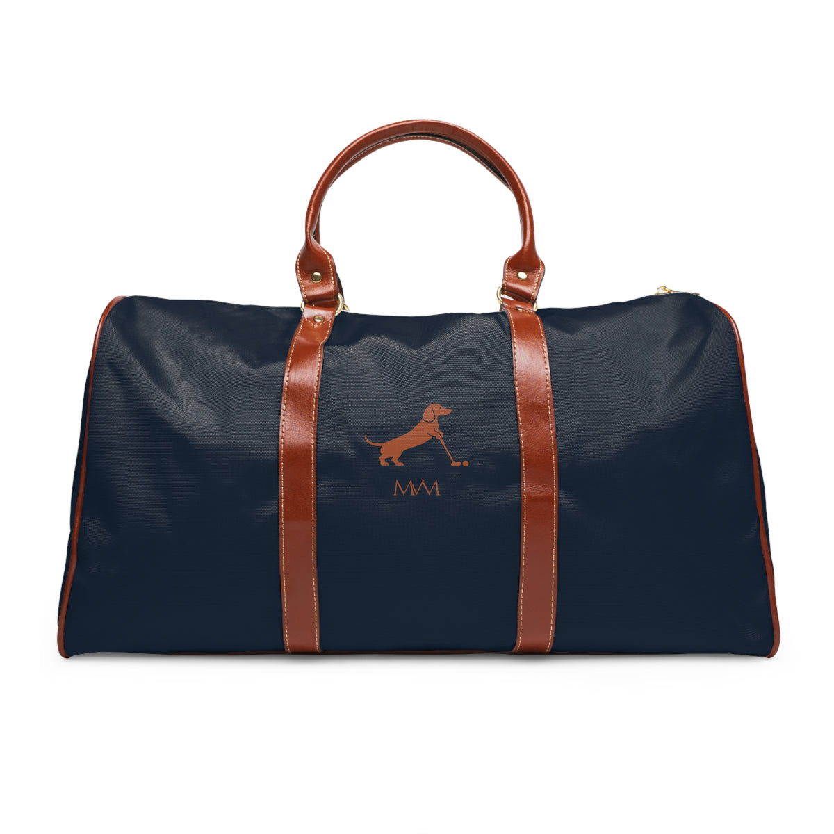 Color: Navy. Putting Dachshund golf travel bag in navy with a brown putting dachshund and MVM monogram on the front, brown PU handles, front view.