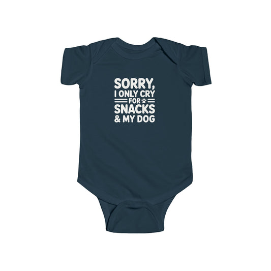 Navy blue baby onesie with white text on a white background