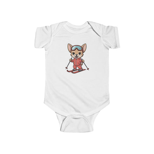 White baby onesie with a cartoon character design on a white background