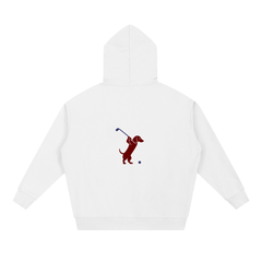 Club & Swing dachshund golf hoodie, back flatlay. Color: White
