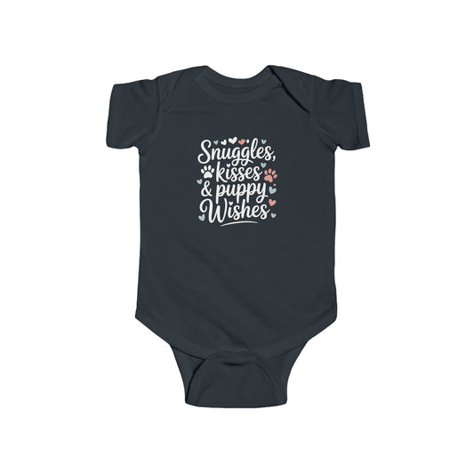Navy blue baby onesie with text 'Snuggles, kisses & puppy wishes' on a white background