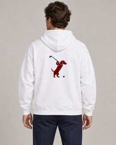 Man wearing Club & Swing dachshund golf hoodie, back studio view. Color: White