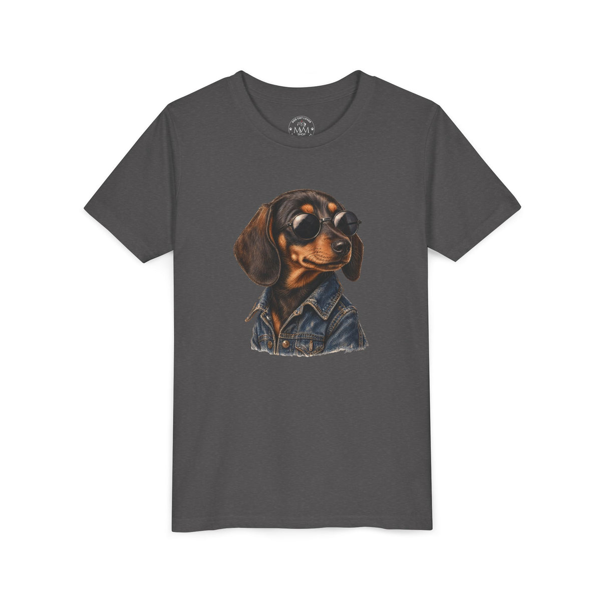 Dunkelgrau meliertes Dackel Kinder T-Shirt mit Hund in Sonnenbrille und Jeansjacke