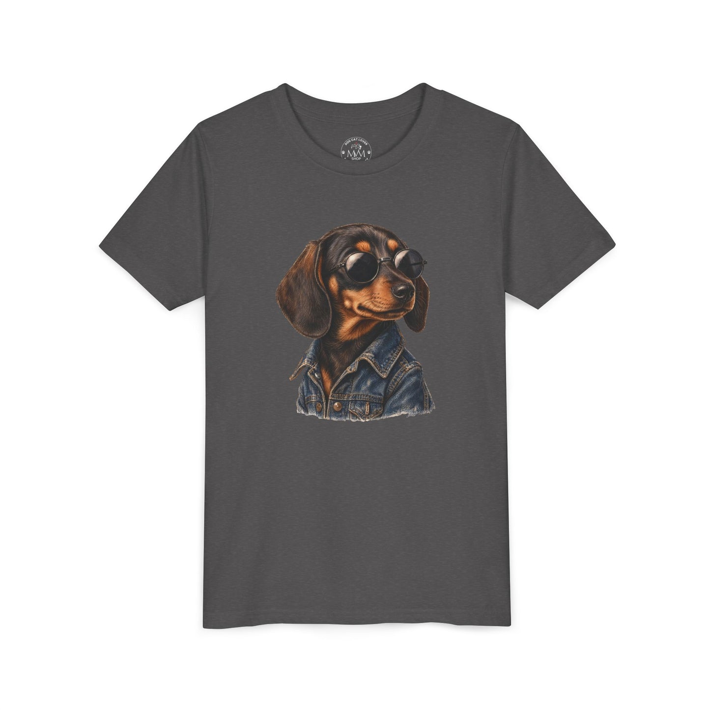Dunkelgrau meliertes Dackel Kinder T-Shirt mit Hund in Sonnenbrille und Jeansjacke