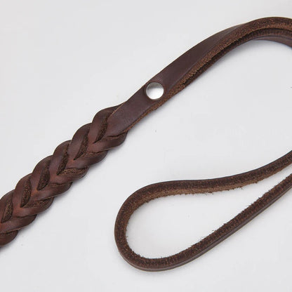 Saddle brown leather dog leash back view, adjustable length