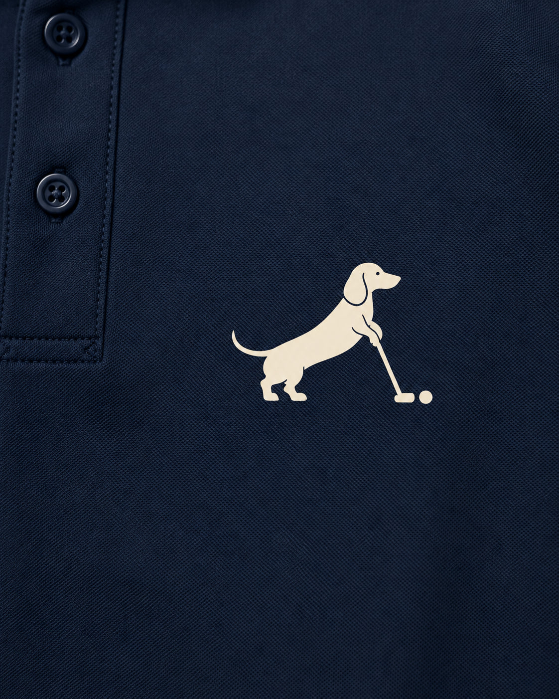 Putting dachshund golf polo, chest logo detail. Color: Navy Blue