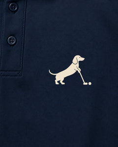 Putting dachshund golf polo, chest logo detail. Color: Navy Blue