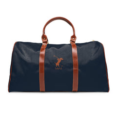 Color: Navy. Swing Dachshund golf travel bag in navy with a brown swinging dachshund and MVM monogram on the front, brown PU handles, front view.