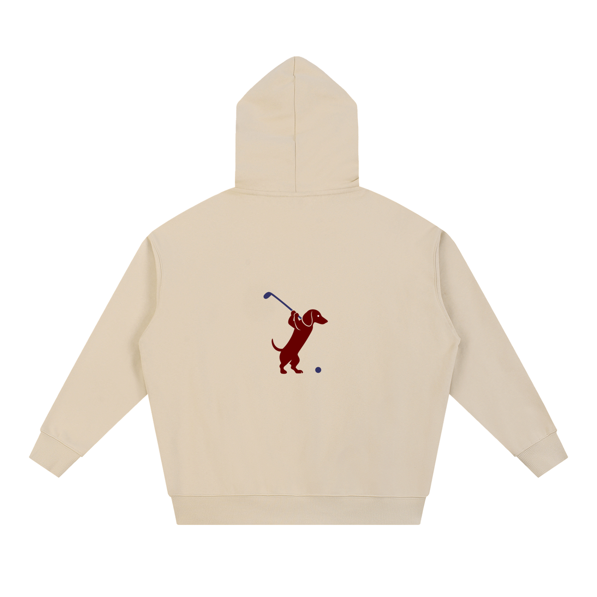 Club & Swing dachshund golf hoodie, back flatlay. Color: Apricot