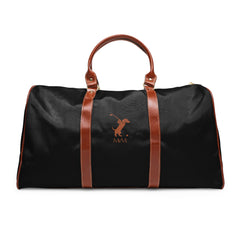 Color: Black. Swing Dachshund golf travel bag in black with a brown swinging dachshund and MVM monogram on the front, brown PU handles, front view.