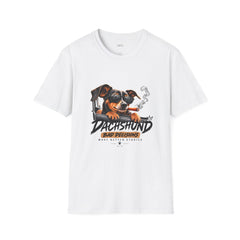Weißes Dackel T-Shirt Bad Decisions Make Better Stories, flache Vorderansicht des Drucks