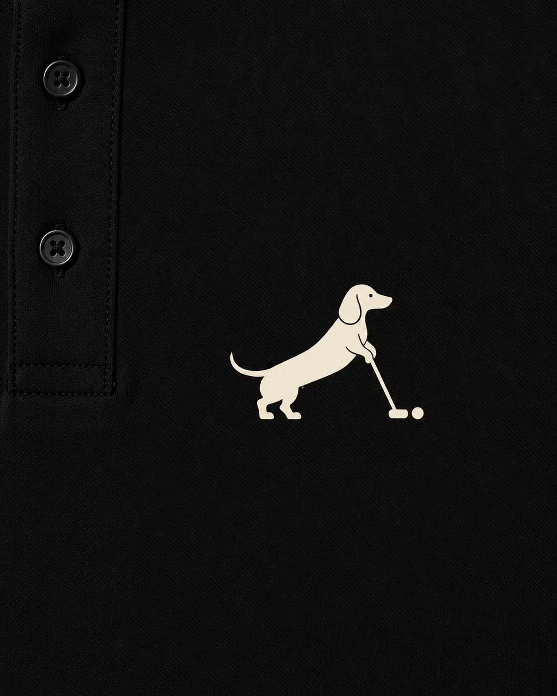 Putting dachshund golf polo, chest logo detail. Color: Black