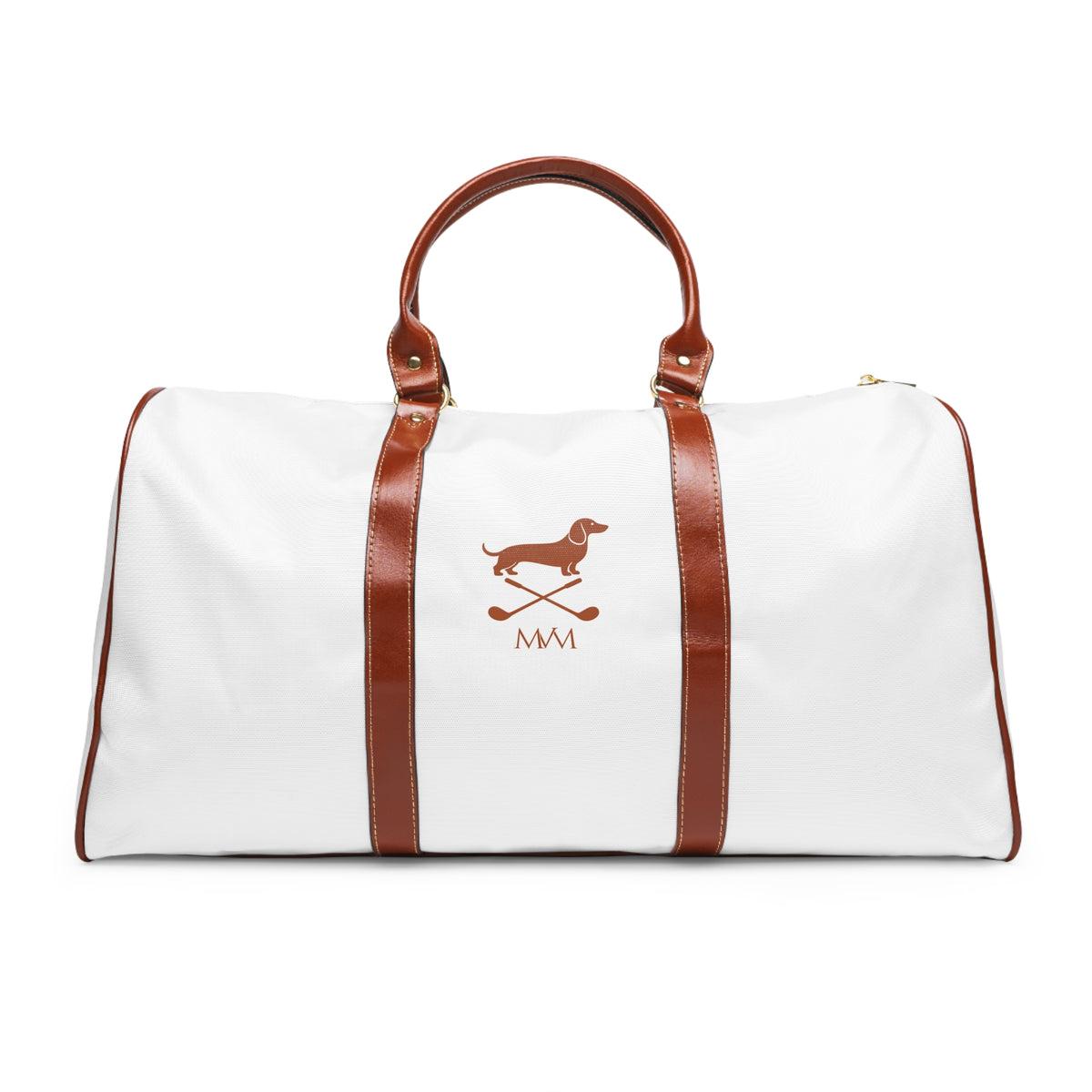 Color: White. Club Mark golf travel bag in white with a brown Dachshund with crossed golf clubs and MVM monogram on the front, brown PU handles, front view.