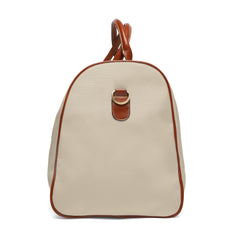 Color: Beige. Club Mark golf travel bag in beige, right side view with gold-colored zipper.