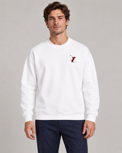 Man wearing Swing dachshund golf sweatshirt, front studio view. Color: White