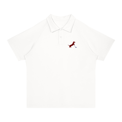 Putting dachshund golf polo, front flatlay. Color: White